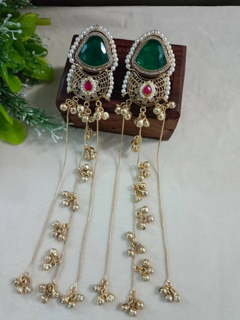 Brass-Plated Pachi Kundan Studded & Beaded Kashmiri Drop Earrings : VS105345