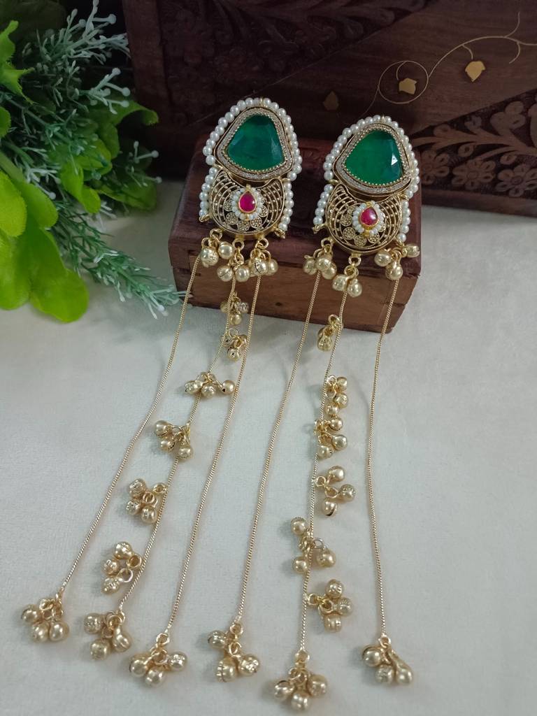 Brass-Plated Pachi Kundan Studded & Beaded Kashmiri Drop Earrings : VS105345
