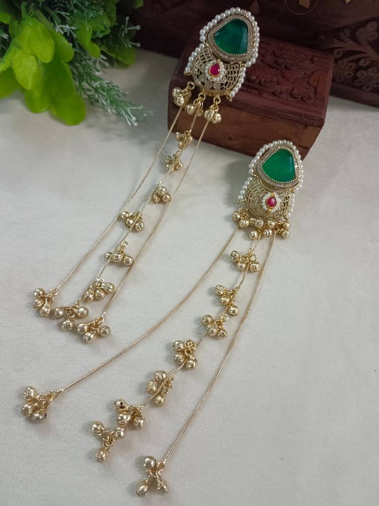 Brass-Plated Pachi Kundan Studded & Beaded Kashmiri Drop Earrings : VS105345
