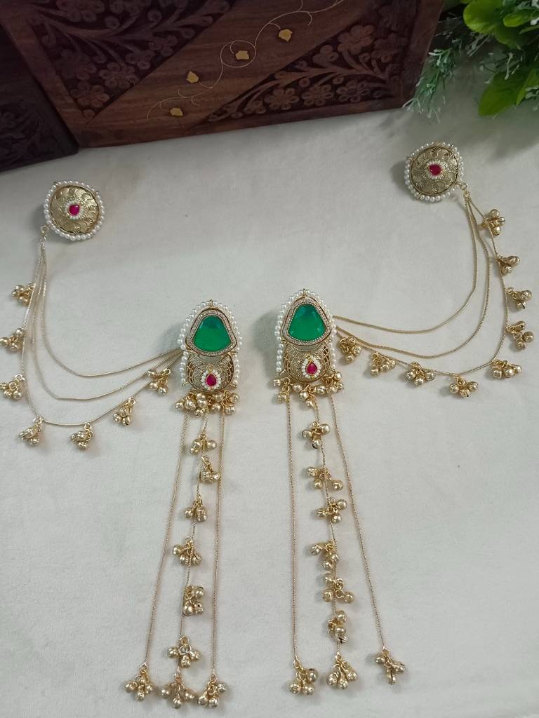 Brass-Plated Kundan Studded & Ghungroo Beaded Kashmiri Earrings With Earchains : VS105347