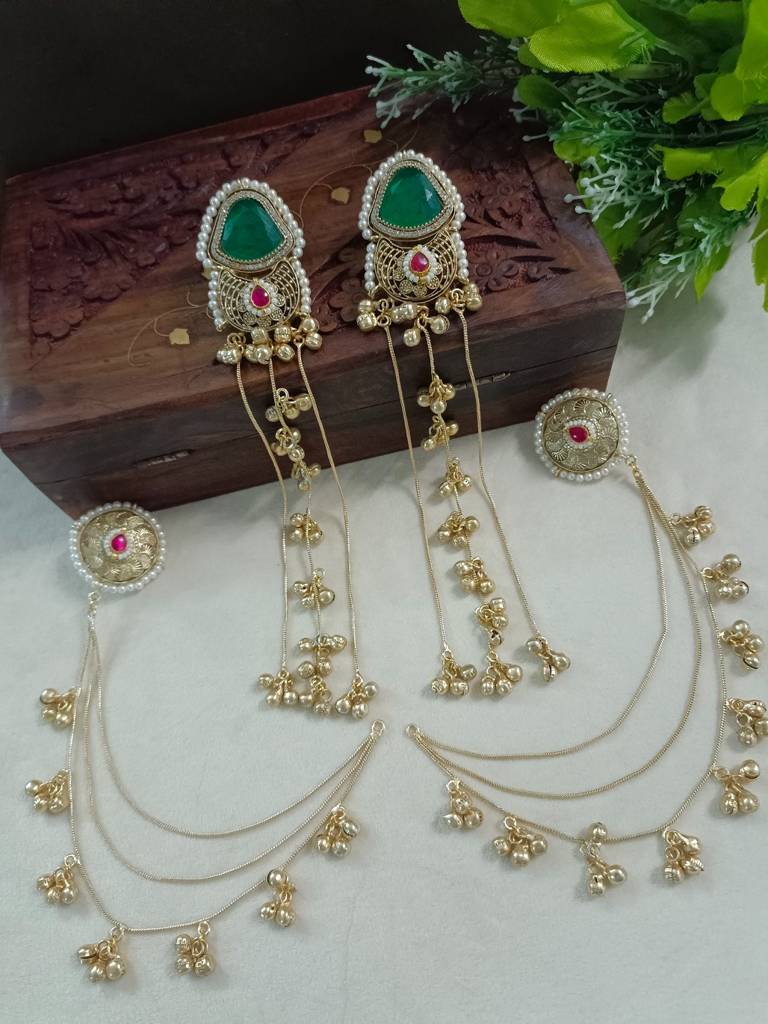 Brass-Plated Kundan Studded & Ghungroo Beaded Kashmiri Earrings With Earchains : VS105347