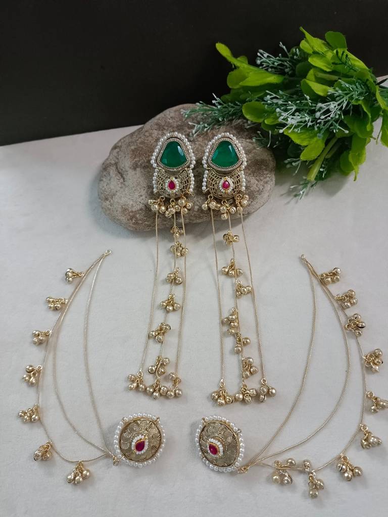 Brass-Plated Kundan Studded & Ghungroo Beaded Kashmiri Earrings With Earchains : VS105347