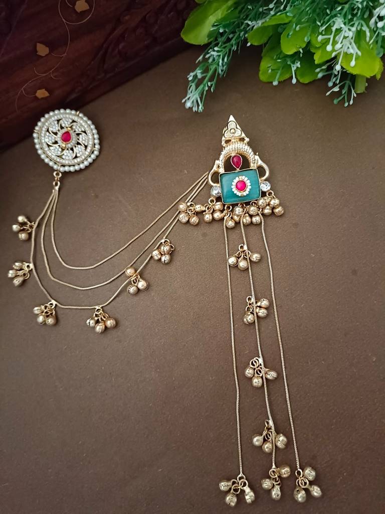 Brass-Plated Kundan Studded & Ghungroo Beaded Kashmiri Drop Earrings With Earchains : VS105335