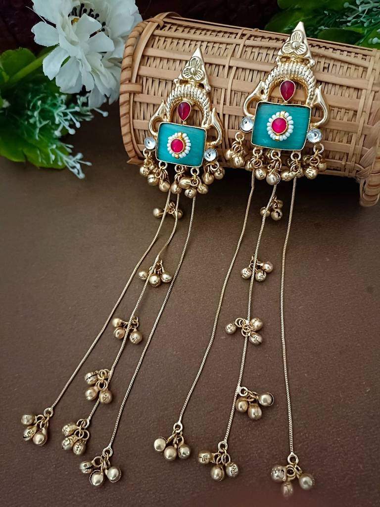 Brass-Plated Pachi Kundan Studded & Beaded Kashmiri Earrings : VS105333