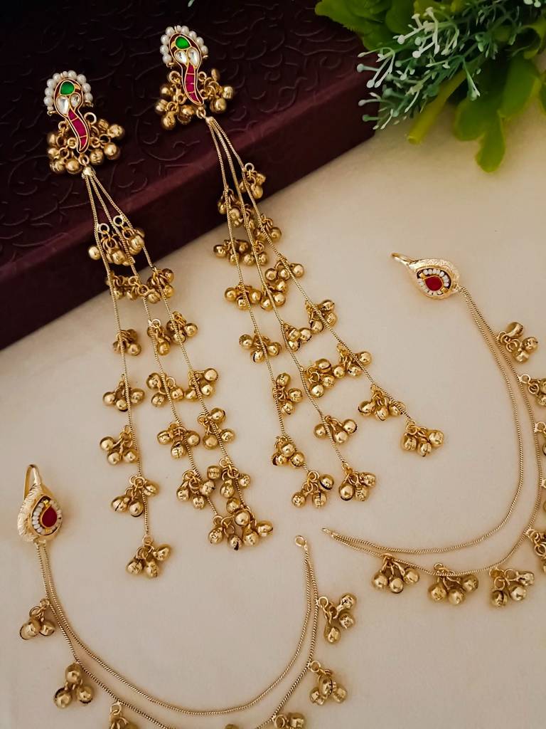 Brass-Plated Kundan Studded & Beaded Contemporary Kashmiri Drop Earrings With Chain : VS105356