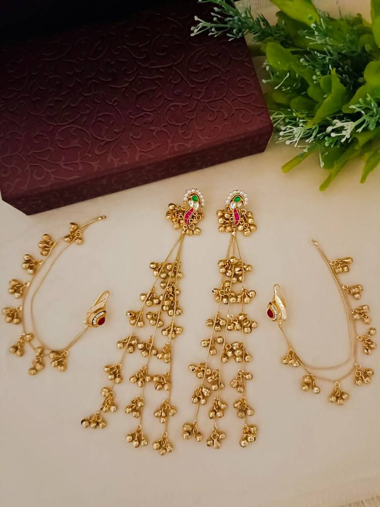 Brass-Plated Kundan Studded & Beaded Contemporary Kashmiri Drop Earrings With Chain : VS105356