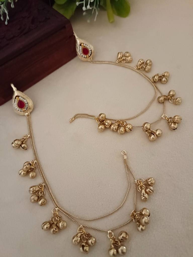 Gold-Tone Ear Chains (Kaan Chain) With Pearl Studs And Ghungroo Dangles : VS105355