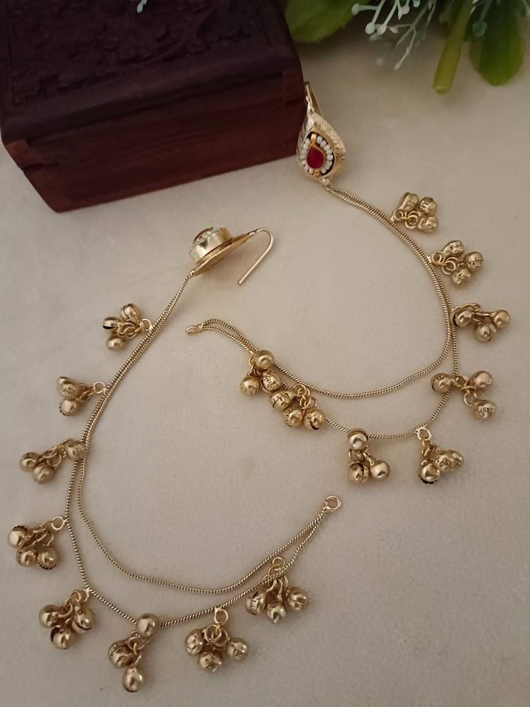 Gold-Tone Ear Chains (Kaan Chain) With Pearl Studs And Ghungroo Dangles : VS105355