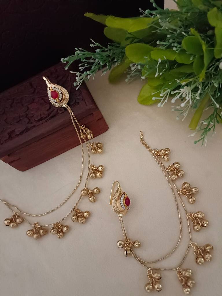 Gold-Tone Ear Chains (Kaan Chain) With Pearl Studs And Ghungroo Dangles : VS105355