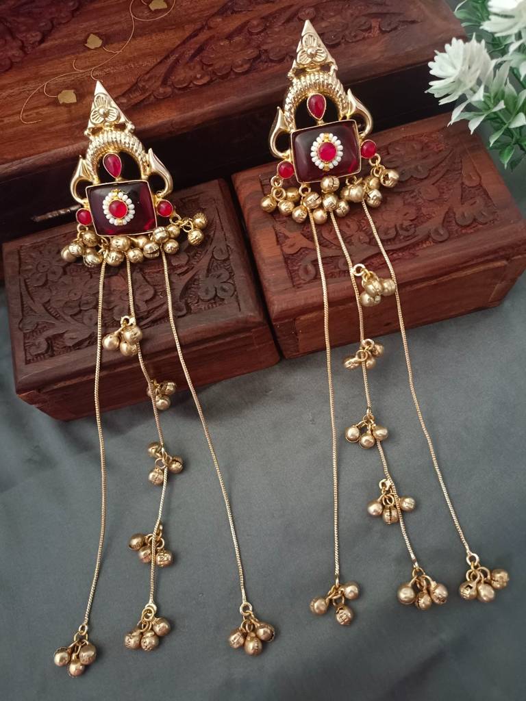 Brass-Plated Pachi Kundan Studded & Beaded Kashmiri Earrings : VS105339