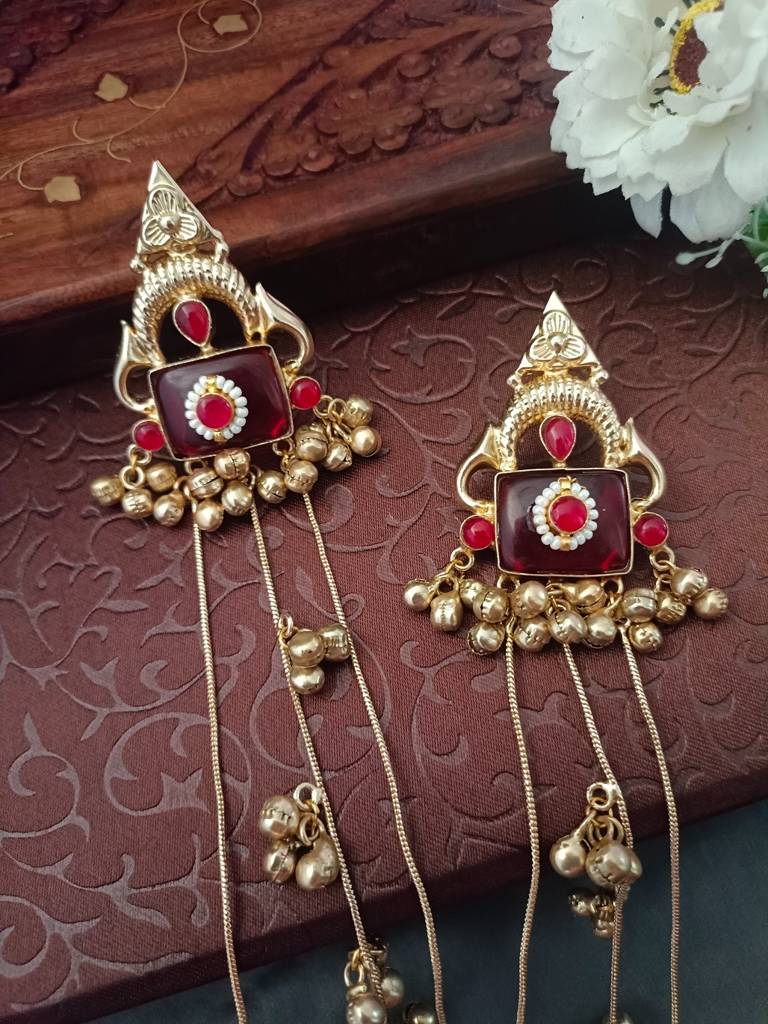Brass-Plated Pachi Kundan Studded & Beaded Kashmiri Earrings : VS105339