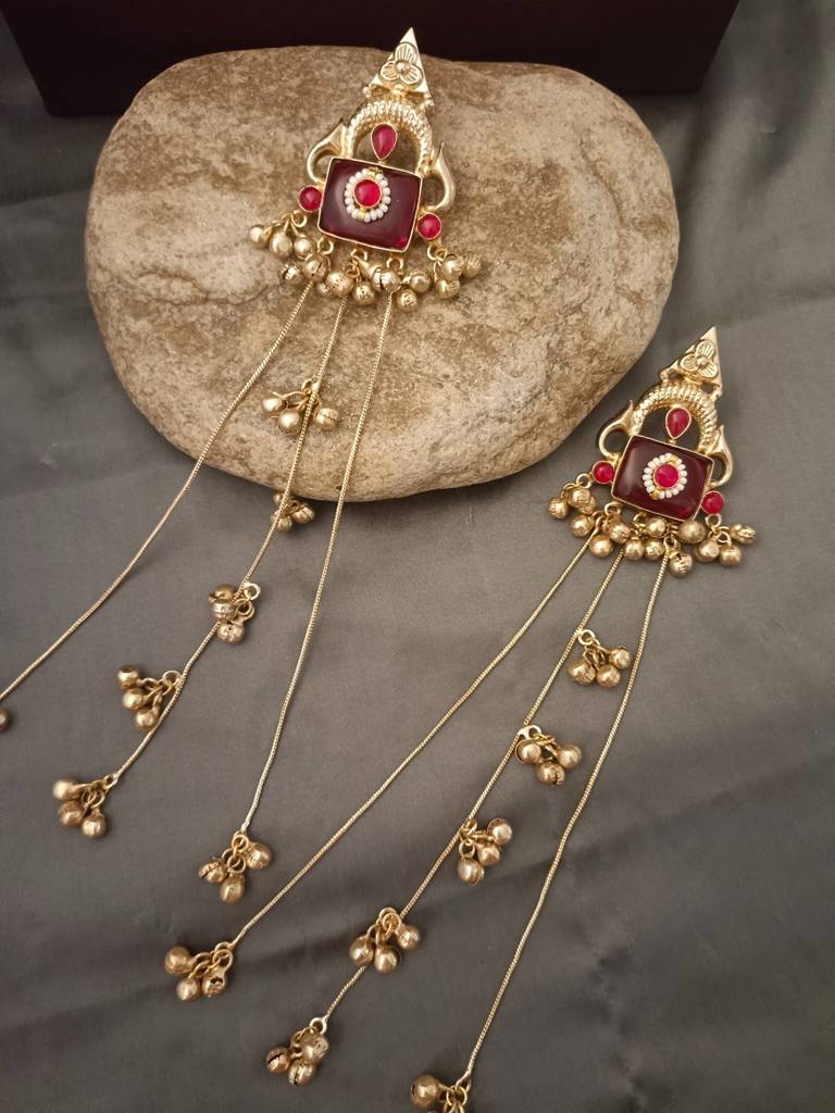 Brass-Plated Pachi Kundan Studded & Beaded Kashmiri Earrings : VS105339