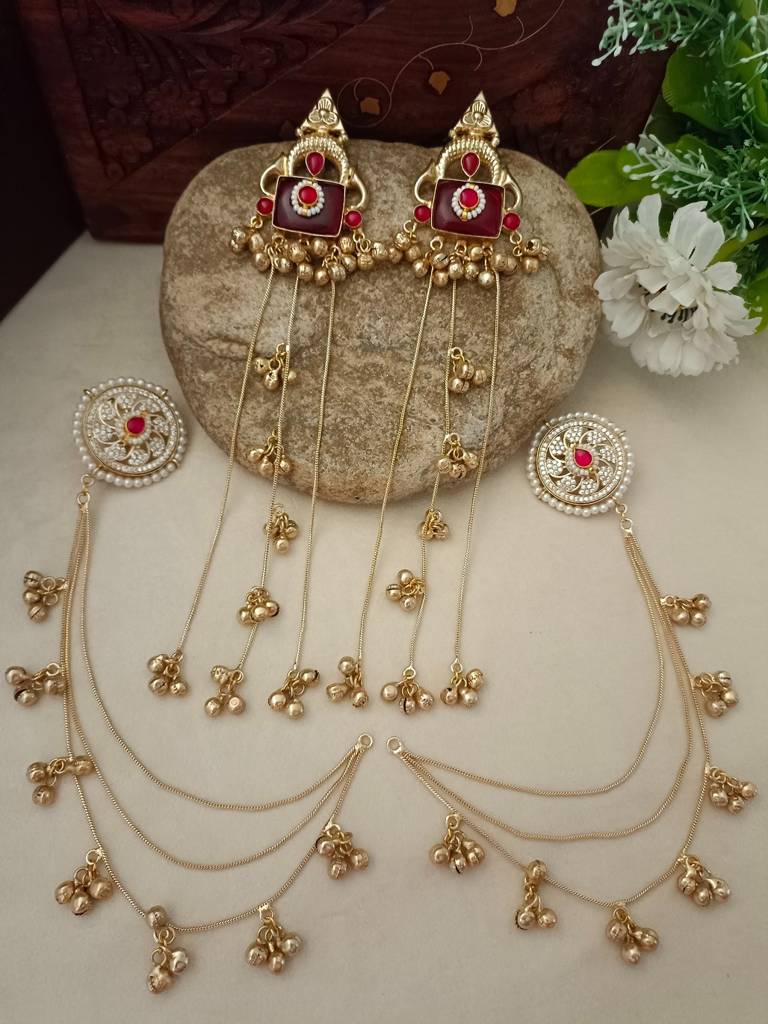 Brass-Plated Kundan Studded & Ghungroo Beaded Kashmiri Drop Earrings With Earchains : VS105341