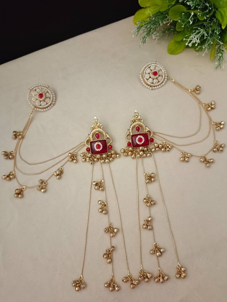 Brass-Plated Kundan Studded & Ghungroo Beaded Kashmiri Drop Earrings With Earchains : VS105341