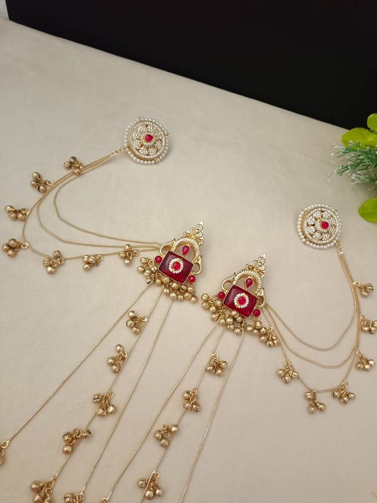 Brass-Plated Kundan Studded & Ghungroo Beaded Kashmiri Drop Earrings With Earchains : VS105341
