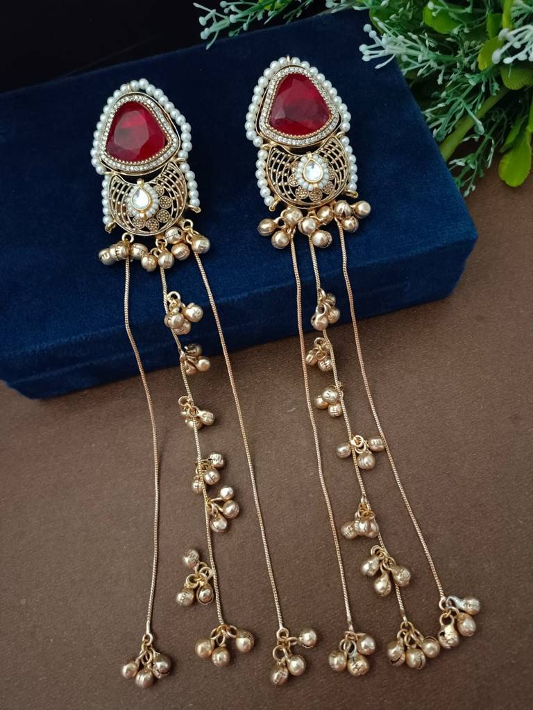 Brass-Plated Pachi Kundan Studded & Beaded Kashmiri Drop Earrings : VS105348