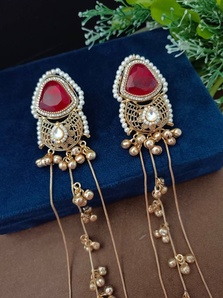 Brass-Plated Pachi Kundan Studded & Beaded Kashmiri Drop Earrings : VS105348