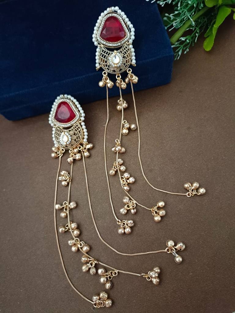 Brass-Plated Pachi Kundan Studded & Beaded Kashmiri Drop Earrings : VS105348