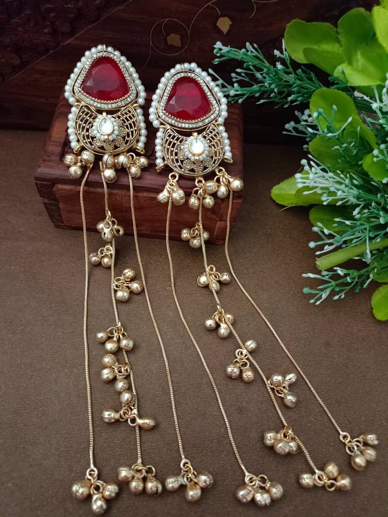 Brass-Plated Pachi Kundan Studded & Beaded Kashmiri Drop Earrings : VS105348