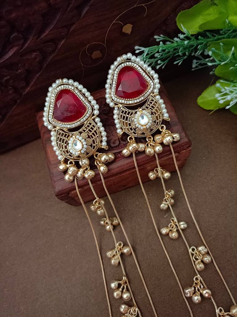 Brass-Plated Pachi Kundan Studded & Beaded Kashmiri Drop Earrings : VS105348