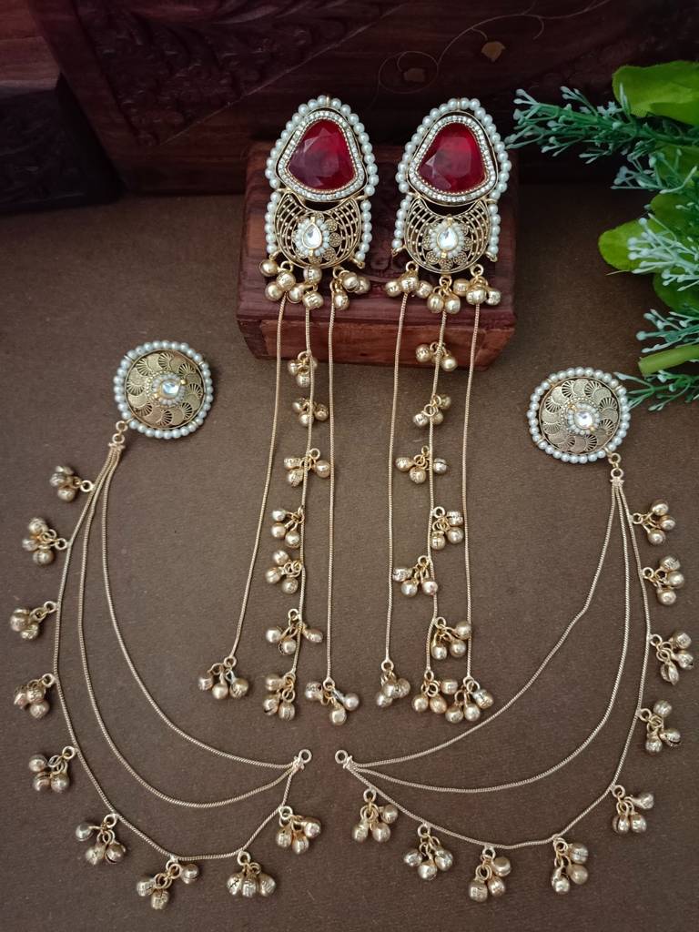 Brass-Plated Kundan Studded & Ghungroo Beaded Kashmiri Earrings With Earchains : VS105350