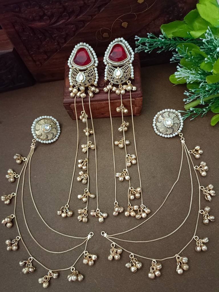 Brass-Plated Kundan Studded & Ghungroo Beaded Kashmiri Earrings With Earchains : VS105350