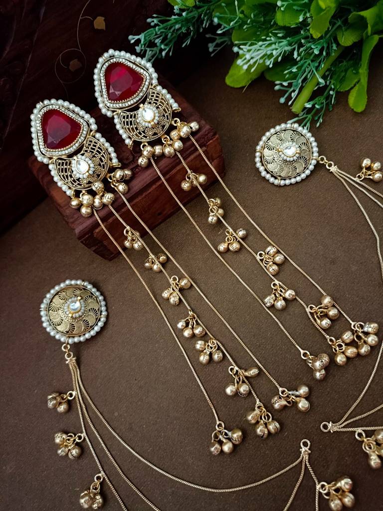 Brass-Plated Kundan Studded & Ghungroo Beaded Kashmiri Earrings With Earchains : VS105350
