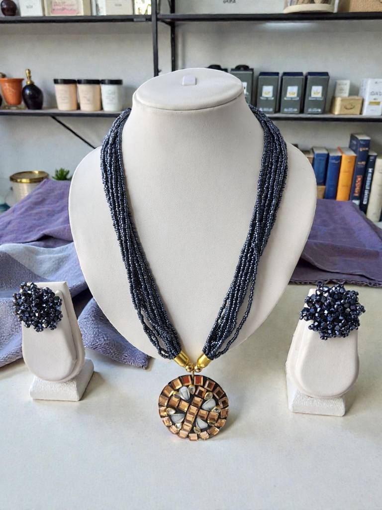 Occasion Wear Multi-Strand Mosaic Necklace Set- 9 Colours Available : BDE-NVB-TBPD2-NWE-468