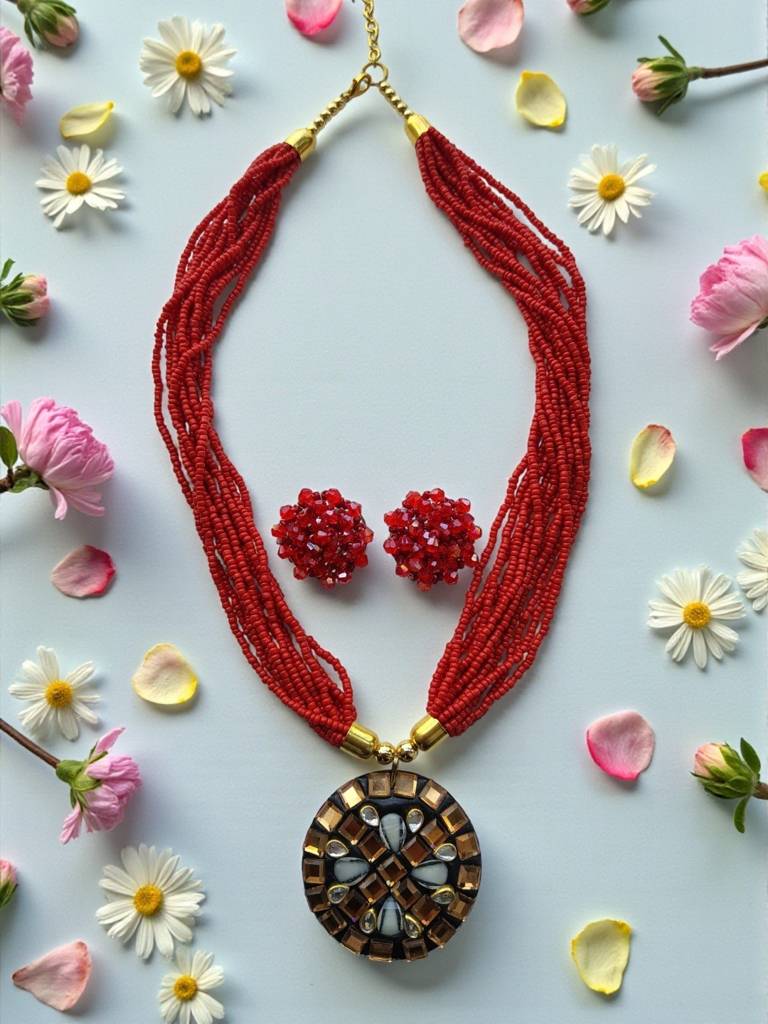 Occasion Wear Multi-Strand Mosaic Necklace Set- 9 Colours Available : BDE-RED-TBPD2-NWE-456