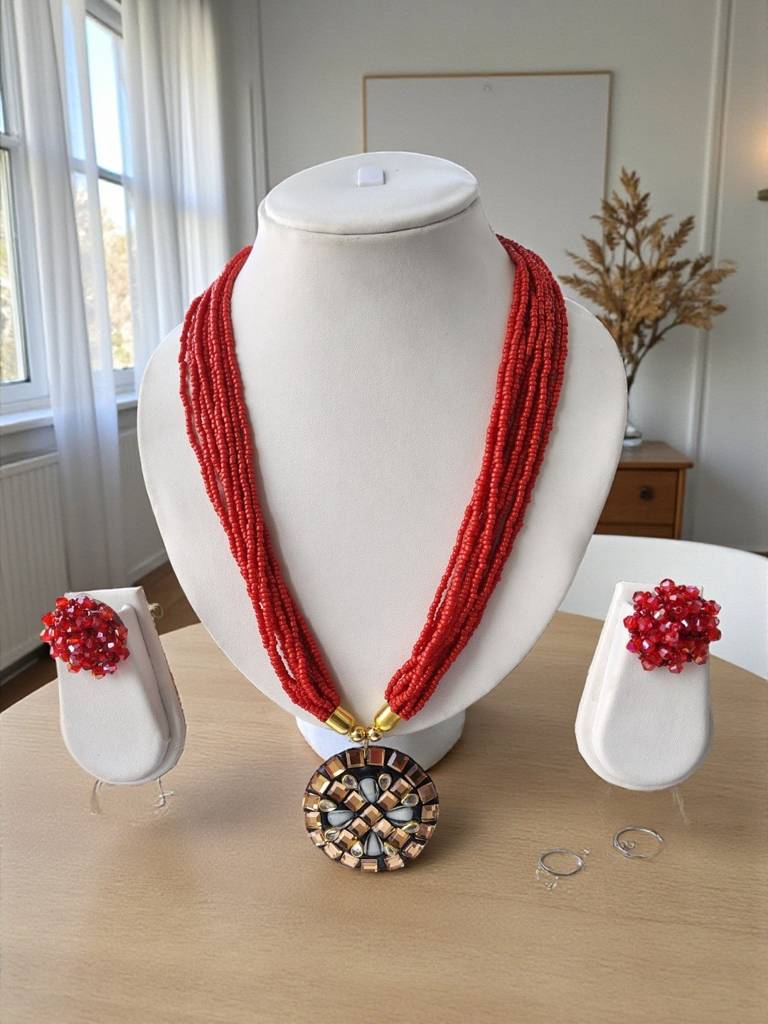 Occasion Wear Multi-Strand Mosaic Necklace Set- 9 Colours Available : BDE-RED-TBPD2-NWE-456