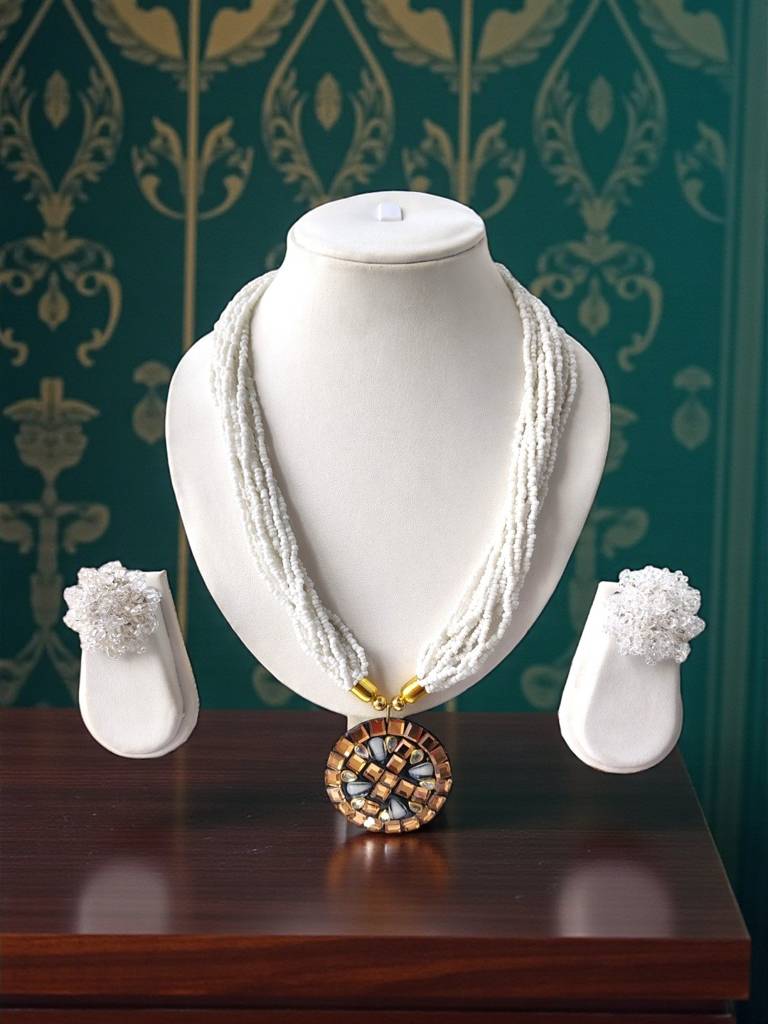 Occasion Wear Multi-Strand Mosaic Necklace Set- 9 Colours Available : BDE-WHT-TBPD2-NWE-464