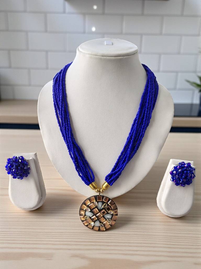 Occasion Wear Multi-Strand Mosaic Necklace Set- 9 Colours Available : BDE-BLU-TBPD2-NWE-454
