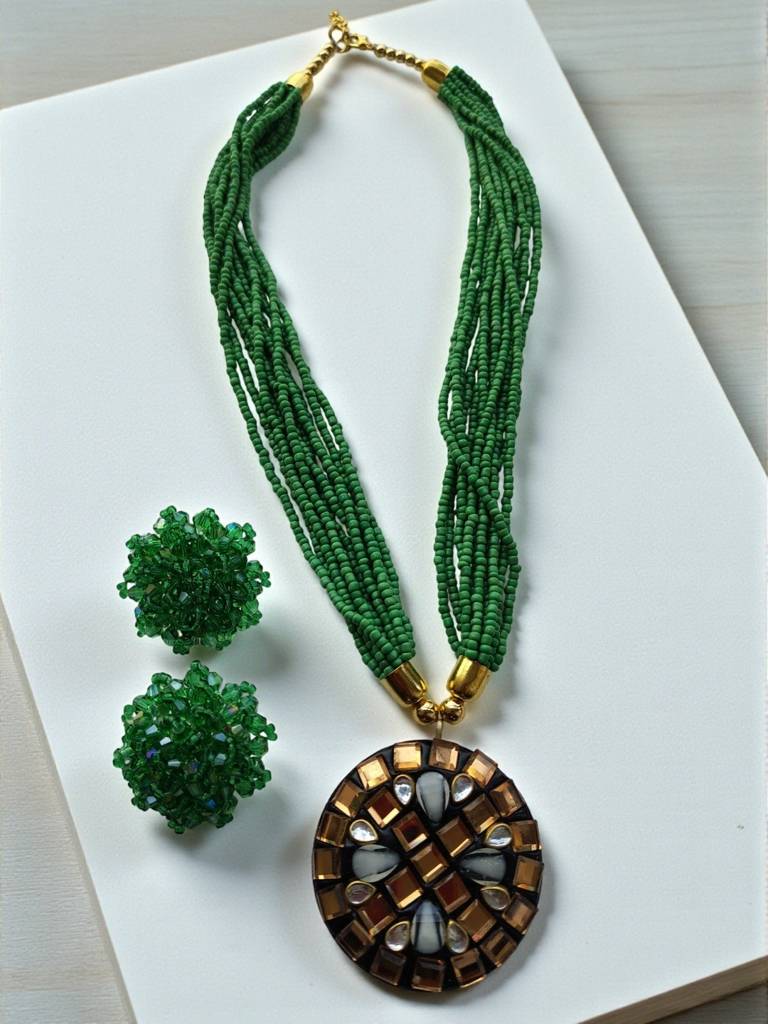 Occasion Wear Multi-Strand Mosaic Necklace Set- 9 Colours Available : BDE-LGR-TBPD2-NWE-466