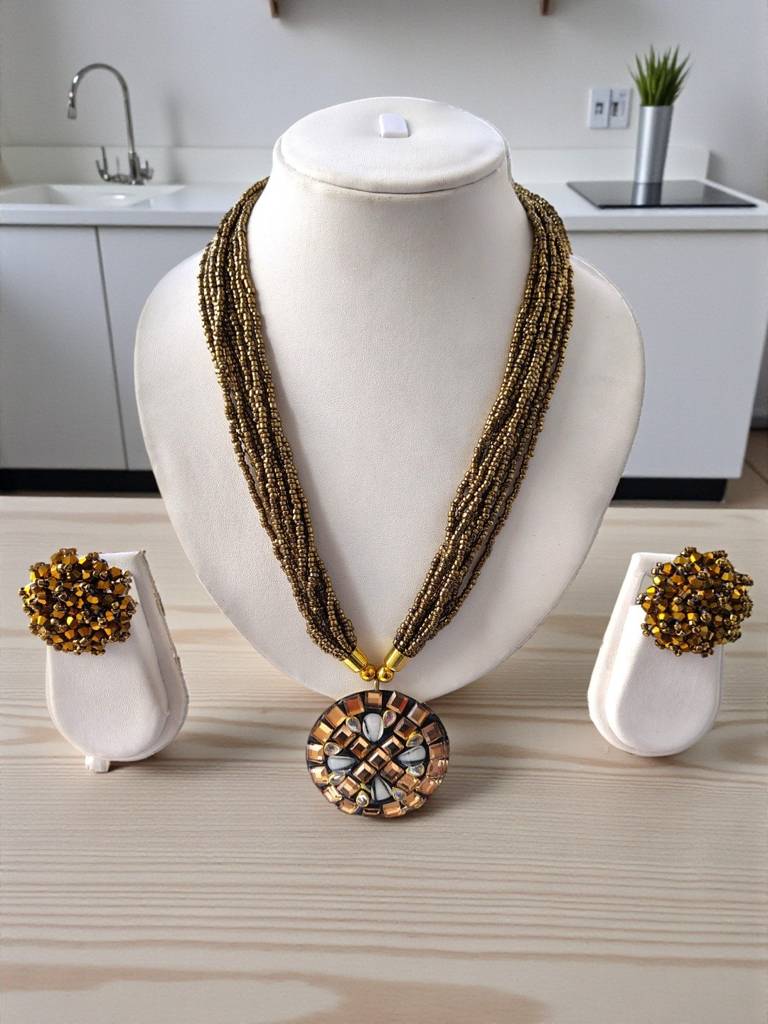 Occasion Wear Multi-Strand Mosaic Necklace Set- 9 Colours Available : BDE-GLD-TBPD2-NWE-458