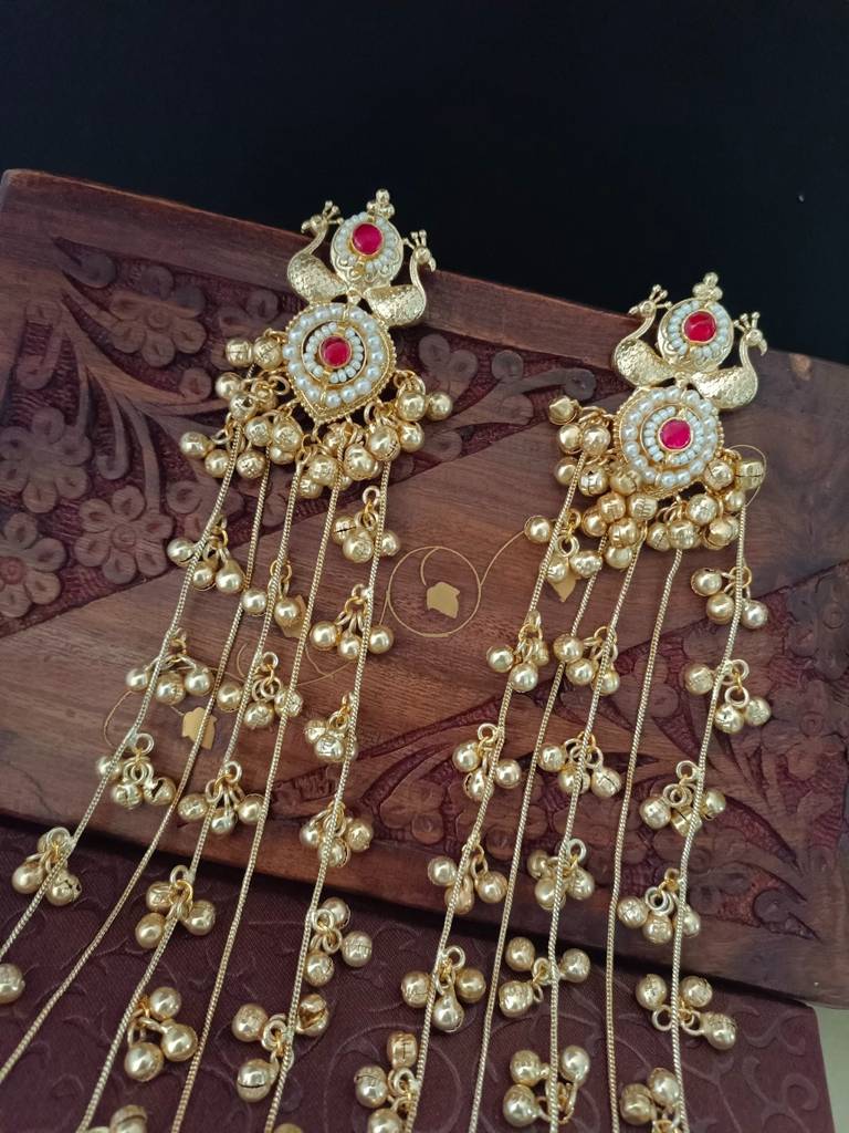 Gold Plated Pachi Kundan & Ghungaroo Studded Peacock Shaped Kashmiri Drop Earrings : VS105325
