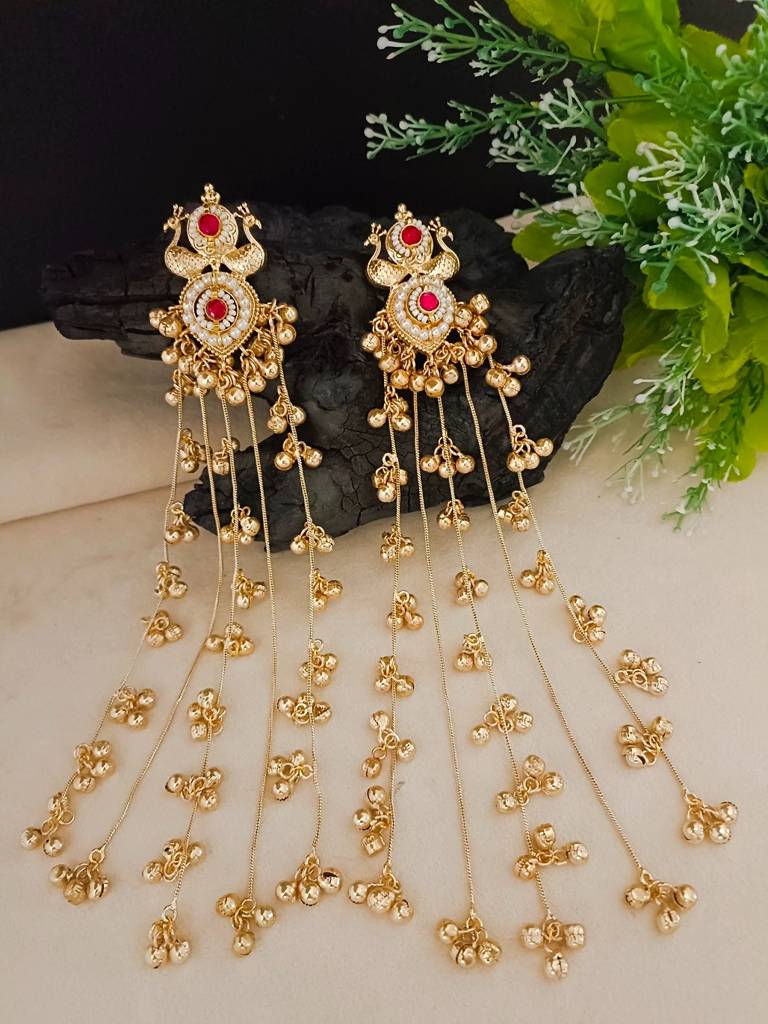 Gold Plated Pachi Kundan & Ghungaroo Studded Peacock Shaped Kashmiri Drop Earrings : VS105325