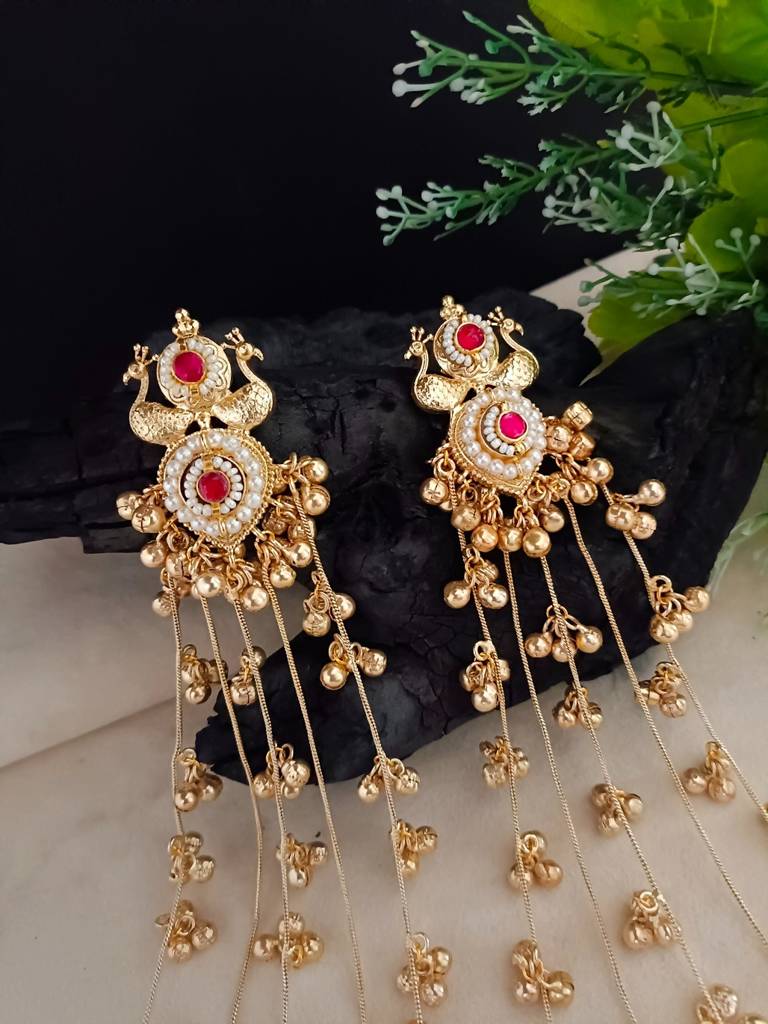 Gold Plated Pachi Kundan & Ghungaroo Studded Peacock Shaped Kashmiri Drop Earrings : VS105325