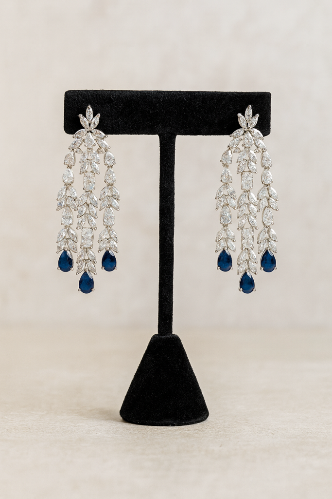 Statement Sapphire Cocktail Diamond Silver Earrings : E048