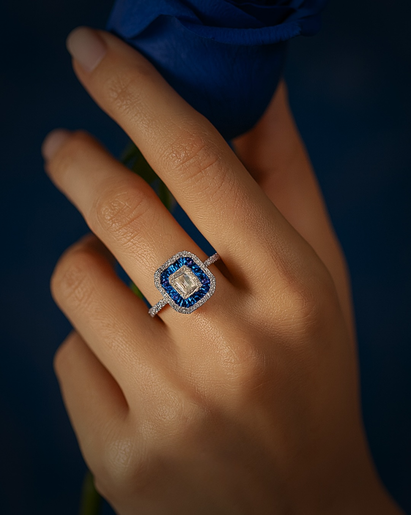 Dainty Sapphire And Diamond Silver Ring : R043-WH-S-12
