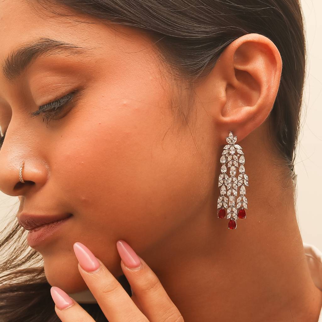 Statement Ruby Cocktail Diamond Silver Earrings : E044
