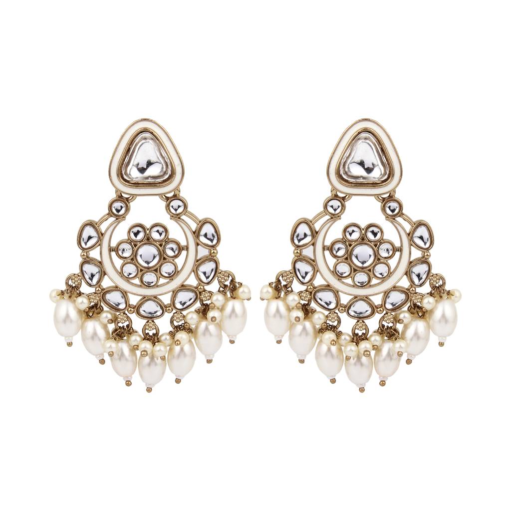 Kundan Hoop Pearl Fringe Earrings : S24FAER238WHT