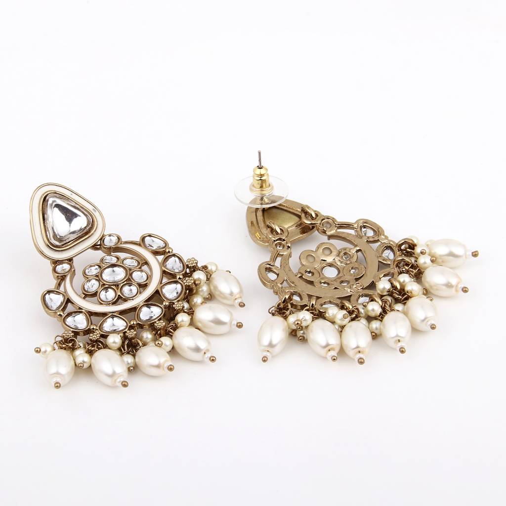 Kundan Hoop Pearl Fringe Earrings : S24FAER238WHT
