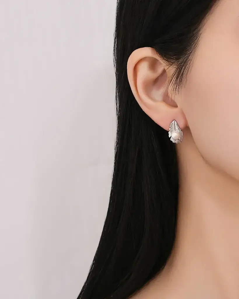 Pure 925 Silver Pearl Leaf Whisper Stud Earrings For Women : RAN-33