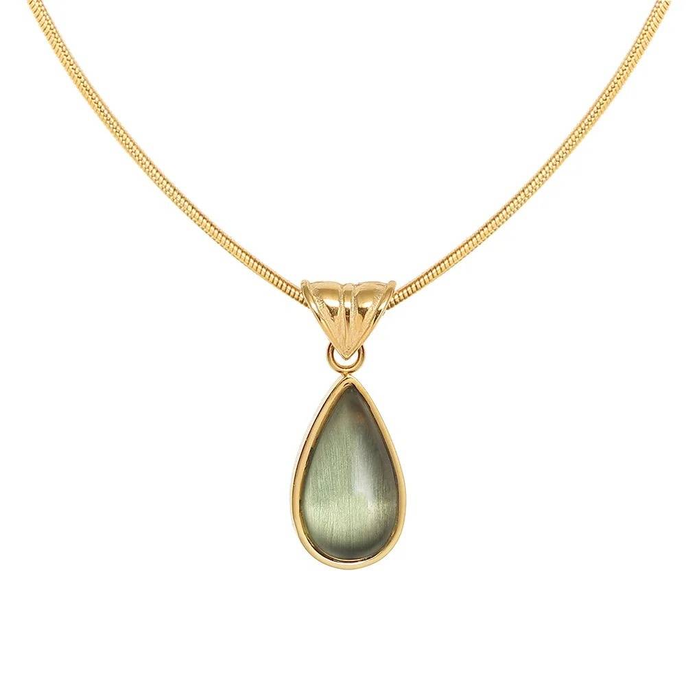 Delicate Olive-Green Teardrop Pendant Necklace - 18K Gold Plated : 100030