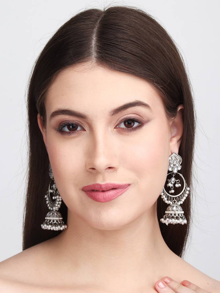 Antique Silver 3 In 1 Studs, Chandbali Jhumka Earrings : S24FAER198SLV