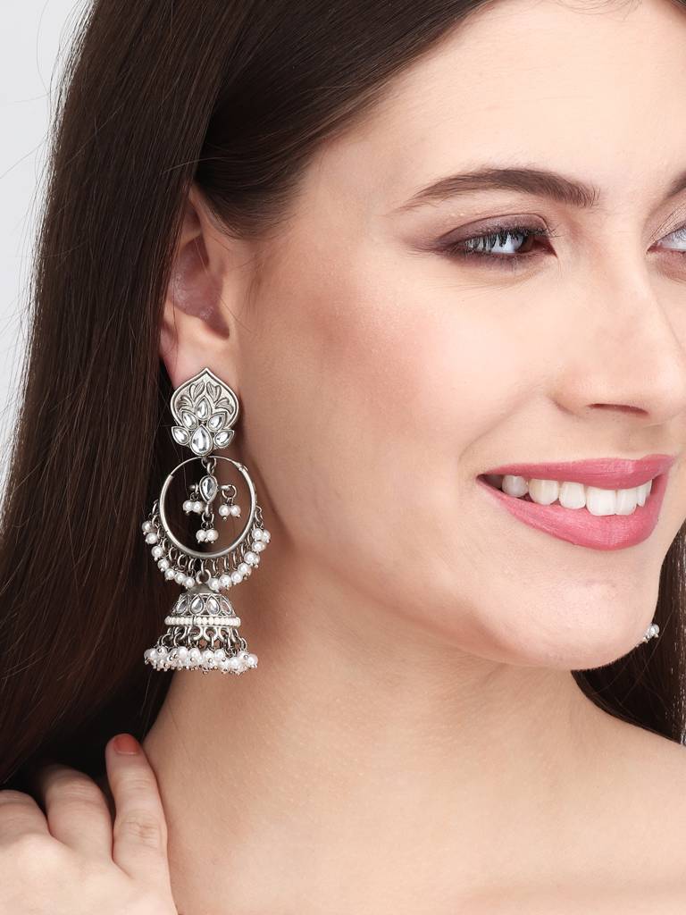 Antique Silver 3 In 1 Studs, Chandbali Jhumka Earrings : S24FAER198SLV