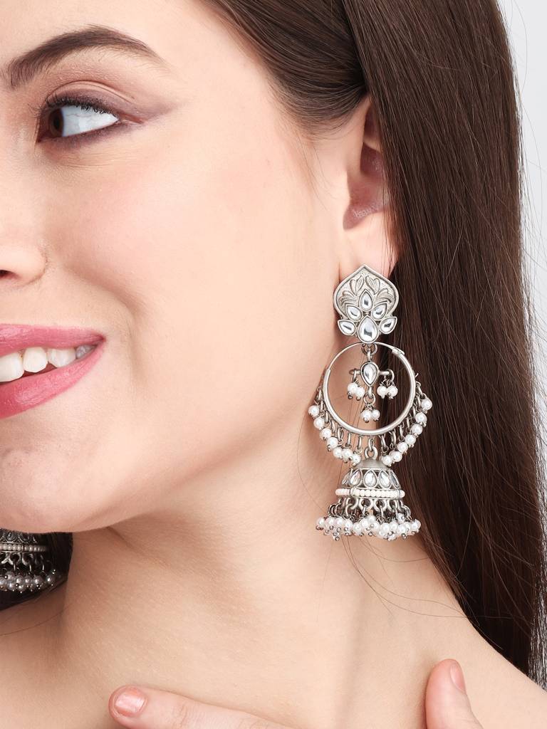 Antique Silver 3 In 1 Studs, Chandbali Jhumka Earrings : S24FAER198SLV