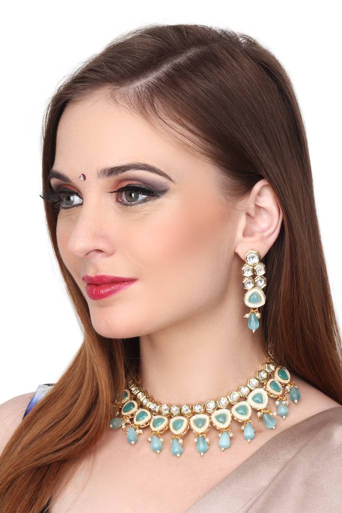 Gold Plated Kundan Necklace Set With Blue Stones : S23MRNKSM62TUR