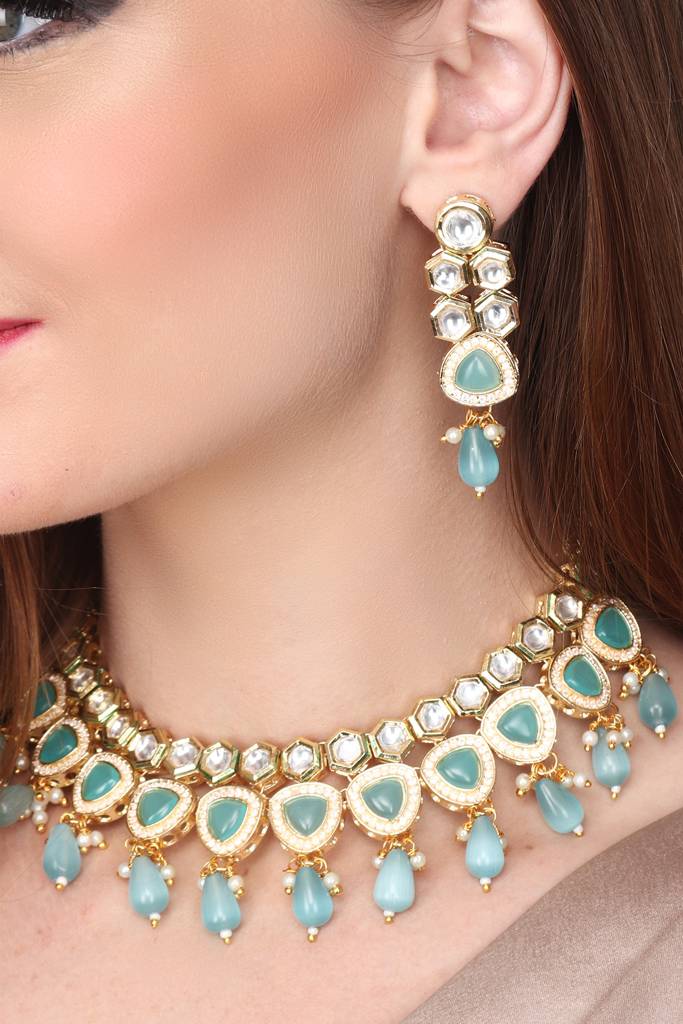 Gold Plated Kundan Necklace Set With Blue Stones : S23MRNKSM62TUR