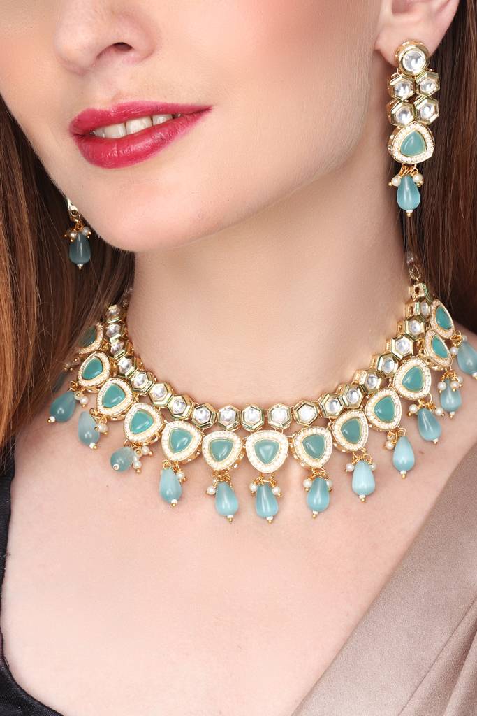 Gold Plated Kundan Necklace Set With Blue Stones : S23MRNKSM62TUR